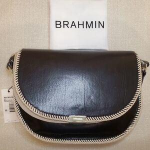 NWT Brahmin Black Ella Mumford Leather Natural Stitching Crossbody Shoulder Bag